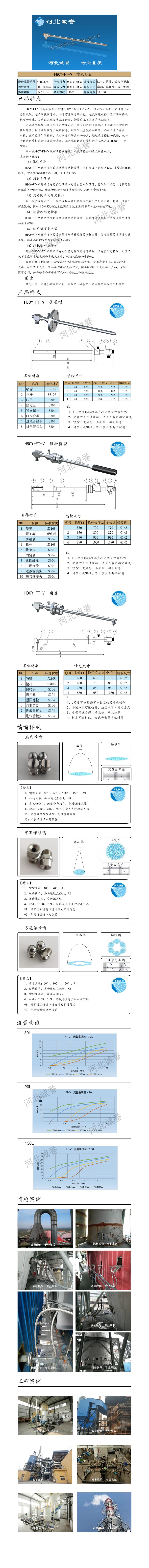 FT-V脫硝噴槍保護(hù)套、噴槍參數(shù)、材質(zhì)尺寸、流量分布圖、扇形空心錐俯視圖介紹，以及噴槍霧化視頻展示和工程案例介紹